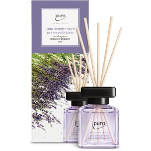 ipuro Essentials Lavender Touch Raumduft 50ml mit Duftstäbchen und Lavendel-Verpackung.