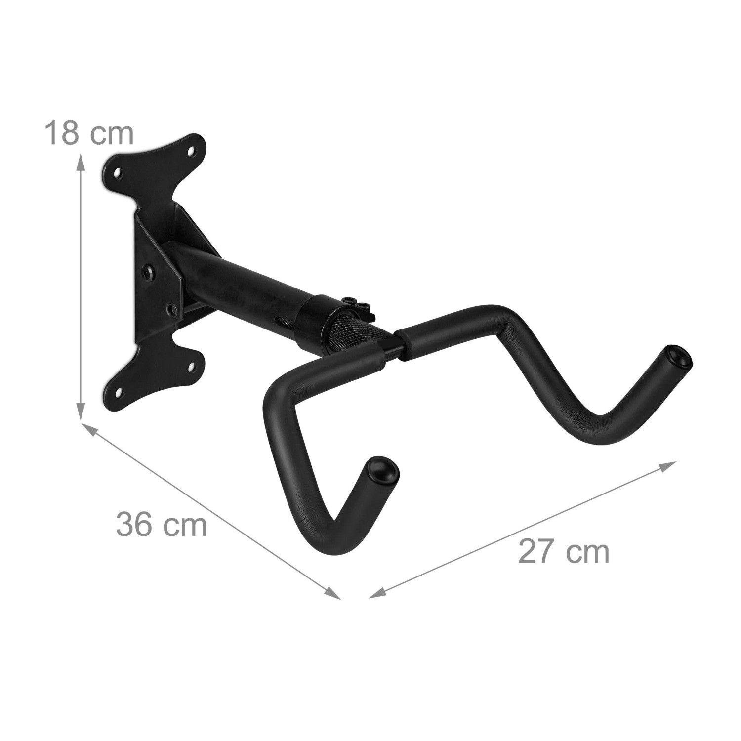 Klappbare Fahrrad Wandhalterung aus Eisen, schwarz, mit Schaumstoffpolsterung und Maßen.