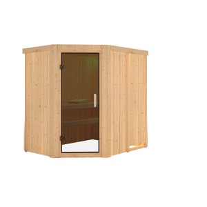 Chillroi Sauna Havasu Set, naturbelassen, ohne Ofen. Saunahaus mit Glastür und zwei Bänken.