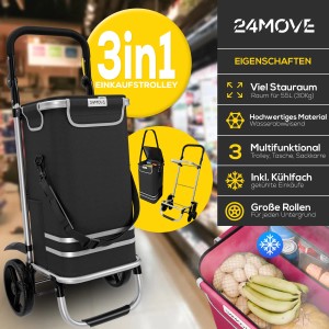 24MOVE Einkaufstrolley Vehlo 3in1, faltbar, mit Kühlfach, schwarz.