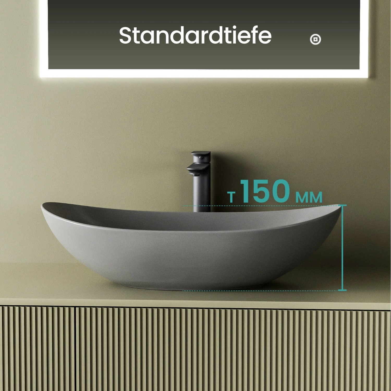 Emke Aufsatzwaschbecken, mattgrau, ovales Keramikwaschbecken für Badezimmer.