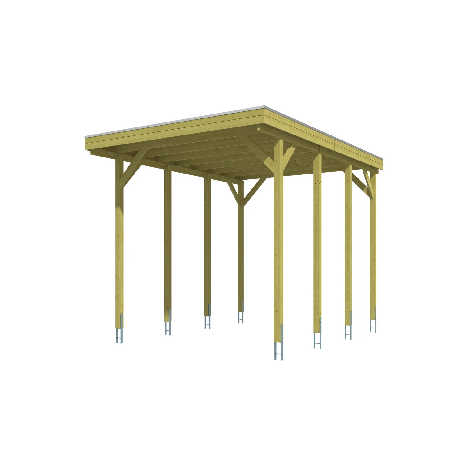 Skan Holz Einzelcarport Friesland aus Holz mit flachem Dach und acht Pfosten.