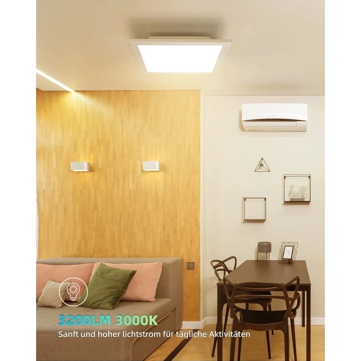 Flache, quadratische LED Deckenleuchte, 60x60 cm, 40W, warmweißes Licht in Wohnraum.