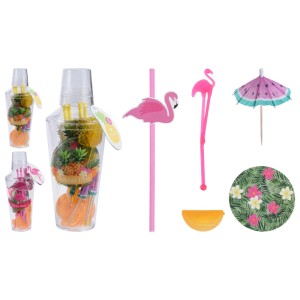31-teiliges Cocktail Shaker Party-Set mit Flamingo- und Ananas-Motiven, inklusive Zubehör.