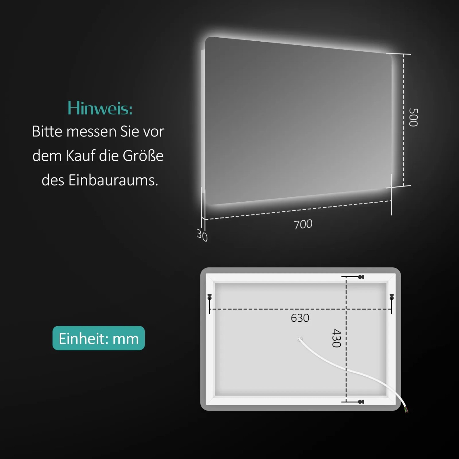 Emke Badspiegel mit LED Beleuchtung, 80x60cm, Kaltweiß, Maße und Rückansicht