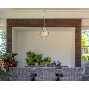 Silbergraue Globo Pendelleuchte mit bunten Acrylkristallen, 270x1200mm. Dekorative Hängeleuchte für Innenräume.