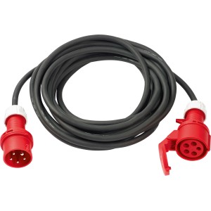 Schwarz-rotes CEE Verlängerungskabel, 10 m, mit 5-poligem Stecker und Kupplung für Camping, Garten.