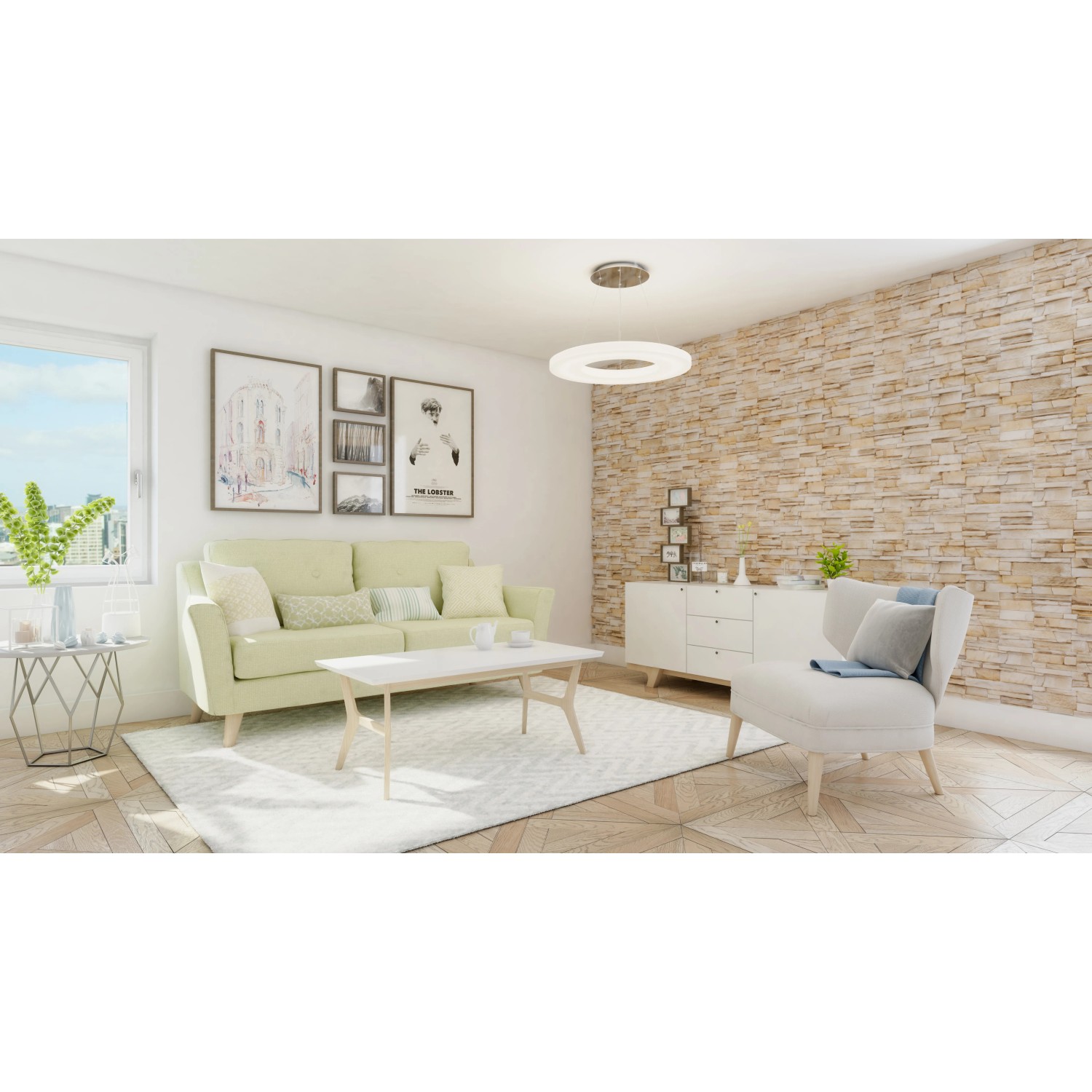 Wohnraum mit Stegu Verblender Istria Beige an der Wand für mediterranes Flair.