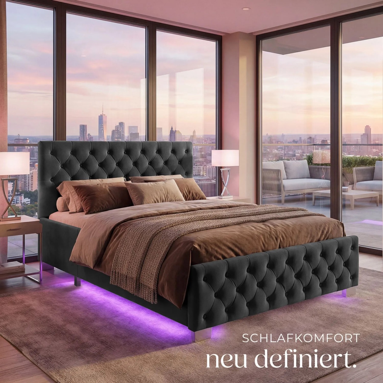 Tectake Polsterbett Sedona In Samtoptik Mit Steppmuster Indirekte Led Beleuchtung An Den Seiten 120 x 200 cm 215 x 129 x 83 cm Samtoptik Schwarz_8