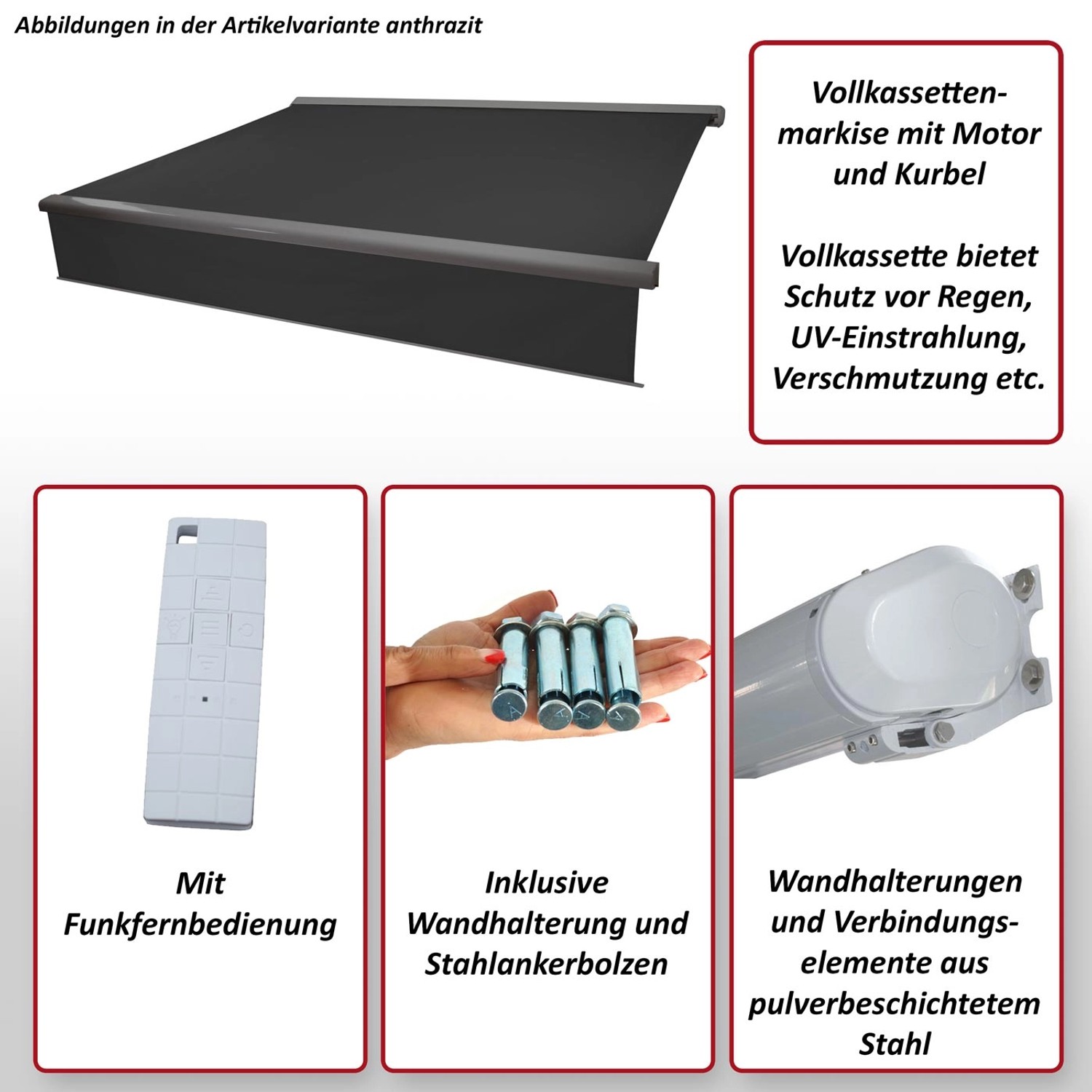 MCW Kassettenmarkise 5x3m, grau/weiß, mit Motor, Kurbel, Volant und Zubehör.
