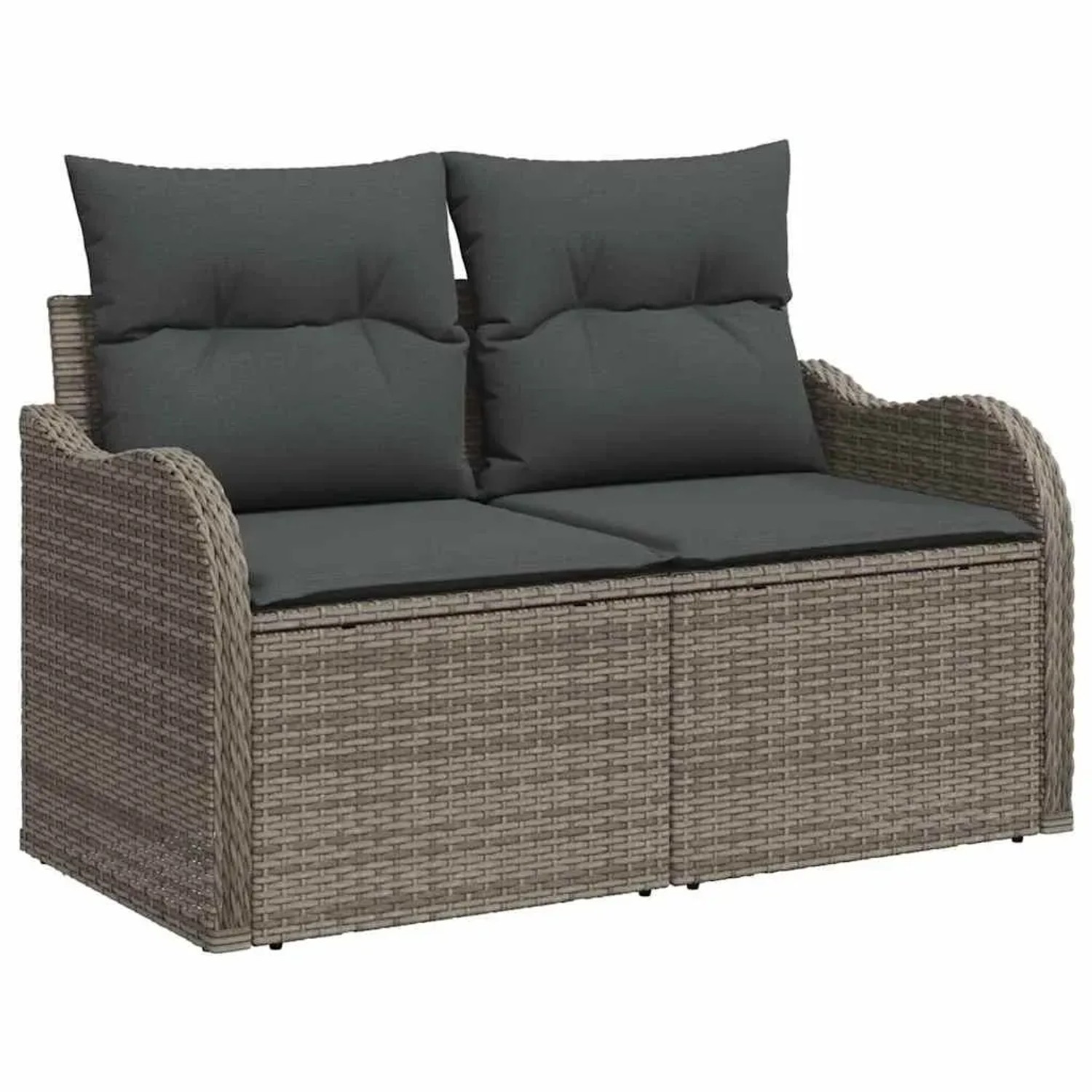 Graues vidaXL Garten-Sofa-Set (7-tlg.) aus Poly Rattan mit Kissen und Stauraum.
