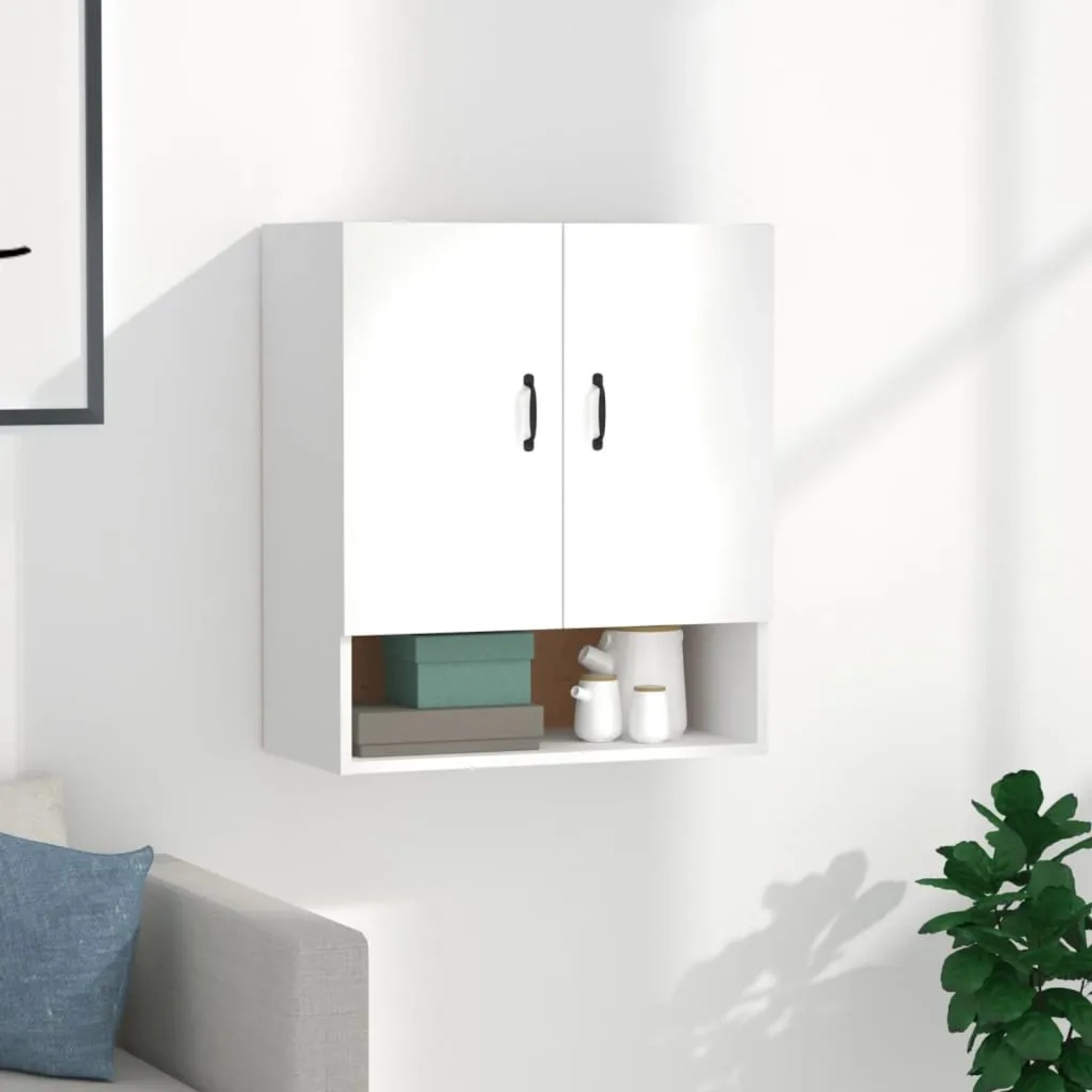 Weißer vidaXL Wandschrank (60x31x70 cm) mit zwei Türen und offenem Fach. Büroschrank zur Wandmontage.
