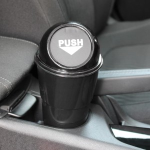 Handlicher Auto-Mülleimer in Schwarz für Getränkehalter mit Push-Funktion.