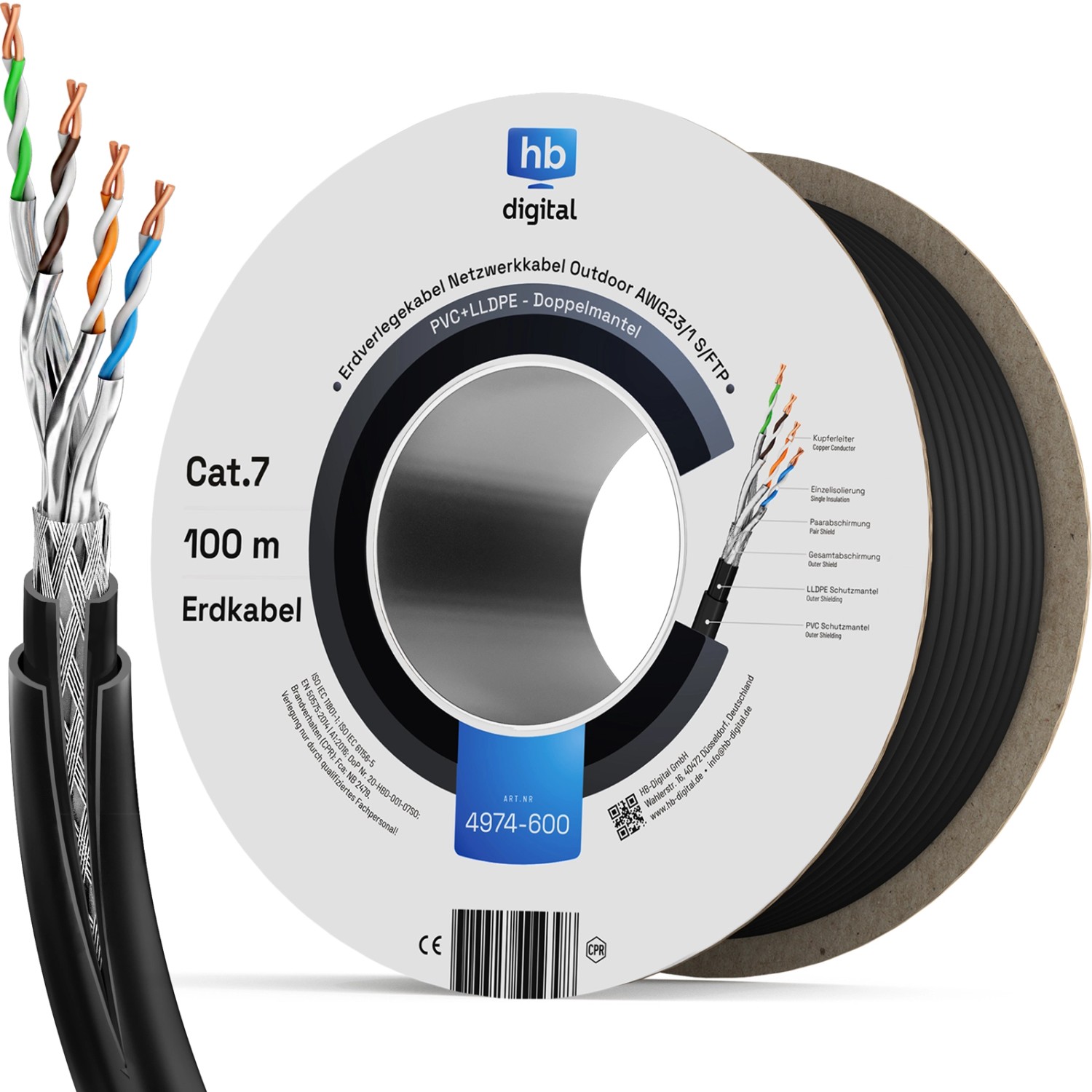 hb-digital 100m CAT 7 Erdverlegekabel Doppelmantel S/FTP PVC + LLDPE AWG23 für Außenbereich