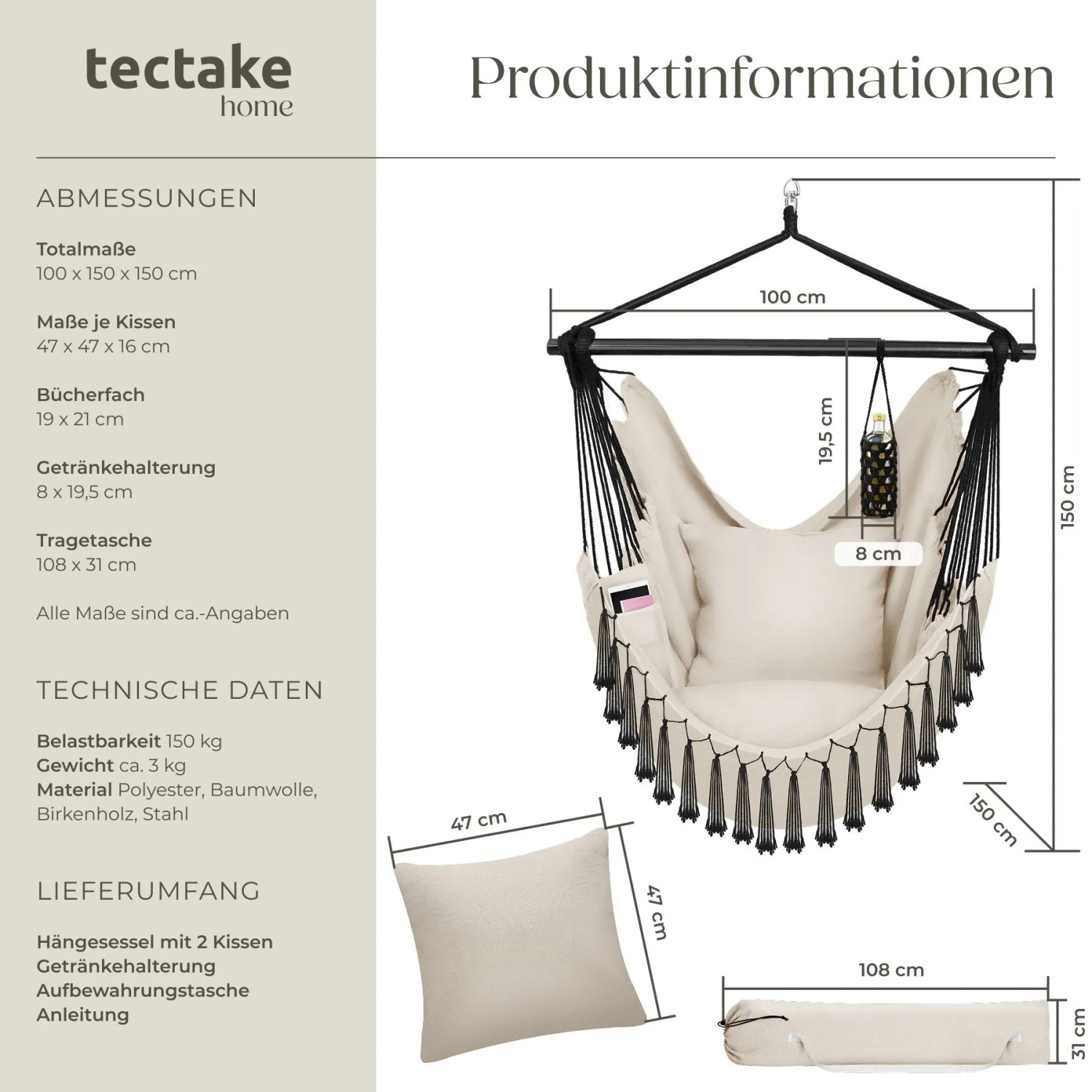 Beiger Tectake Malika Hängesessel im Boho-Stil mit dicken Kissen, Bücherfach und Getränkehalterung. Ideal für Indoor & Outdoor.