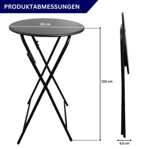 Schwarzer, runder, klappbarer Chefgastro Stehtisch mit Maßen: 110cm hoch, Ø 60cm, gefaltet 5,5cm tief. Bistrotisch.