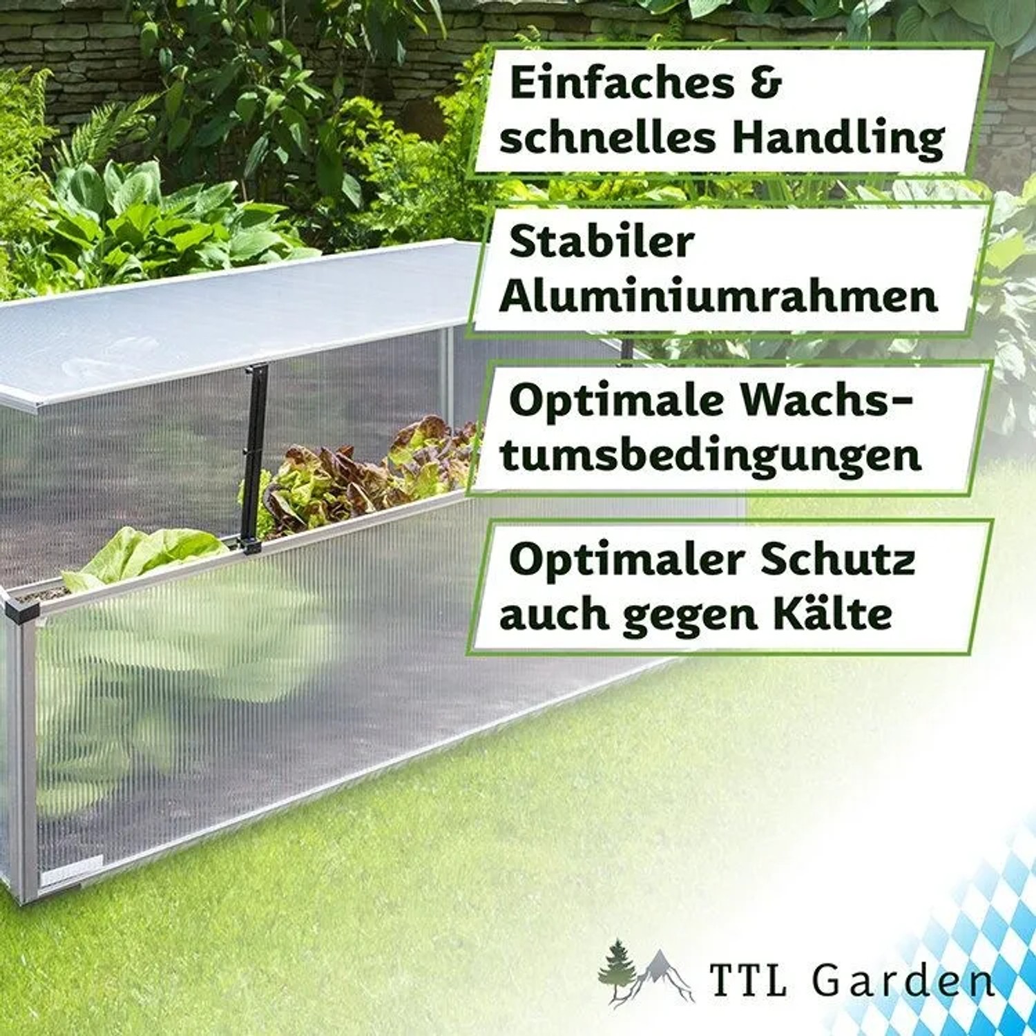 TTL Garden Frühbeet-Aufsatz aus Aluminium für Hochbeet, 100x60x40 cm, mit Polycarbonatplatten.