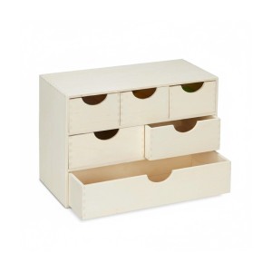 Helle Schubladenbox aus unbehandeltem Naturholz mit 6 Fächern. Eine Schublade ist geöffnet. Ideal für Büro & Kleinutensilien.