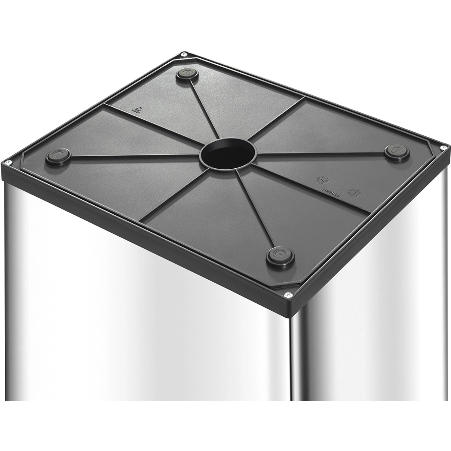 Detailaufnahme: Weißer Hailo Mülleimer Big-Box Swing L (35 l) mit Schwingdeckel und Anti-Rutsch-Füßen.