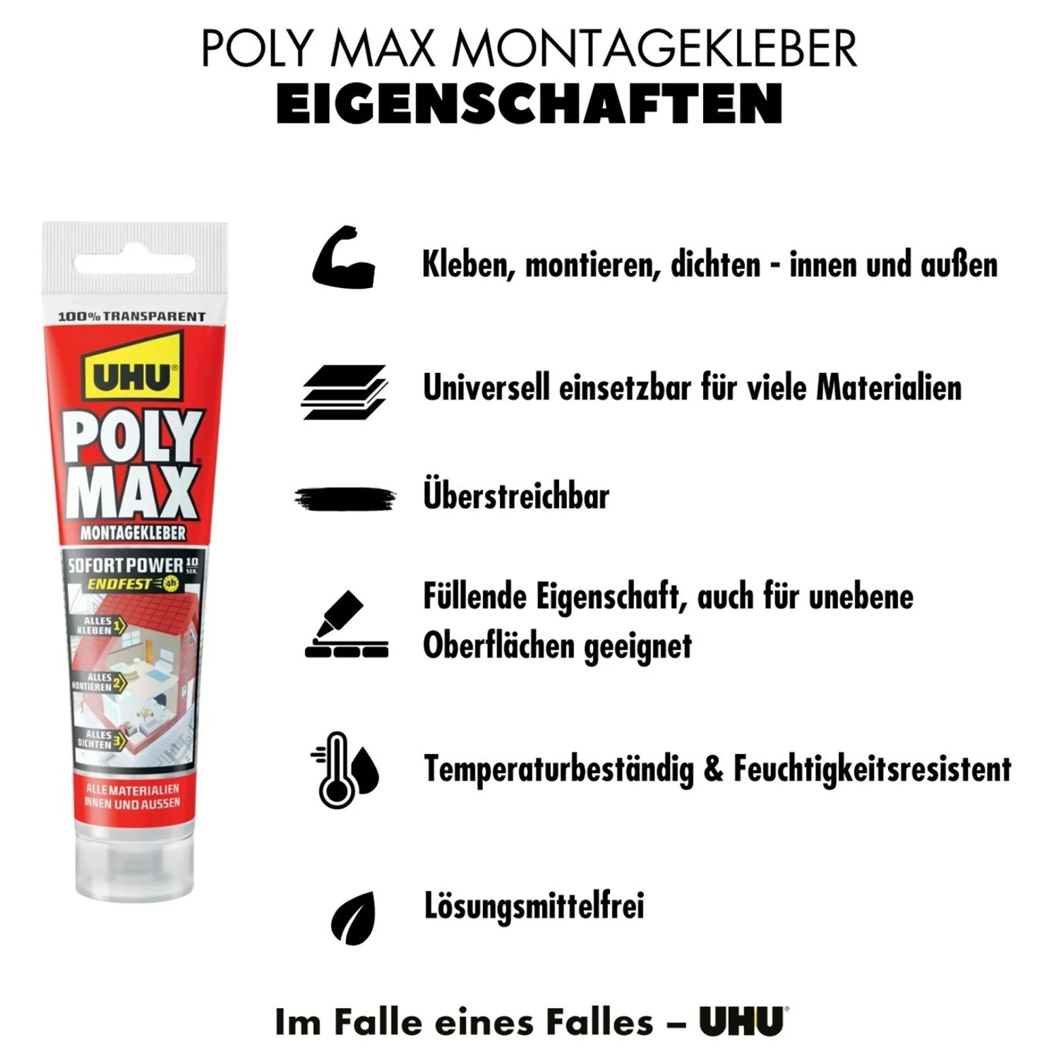 Tube UHU Poly Max Montagekleber Sofort Power Transparent, vielseitig einsetzbar.