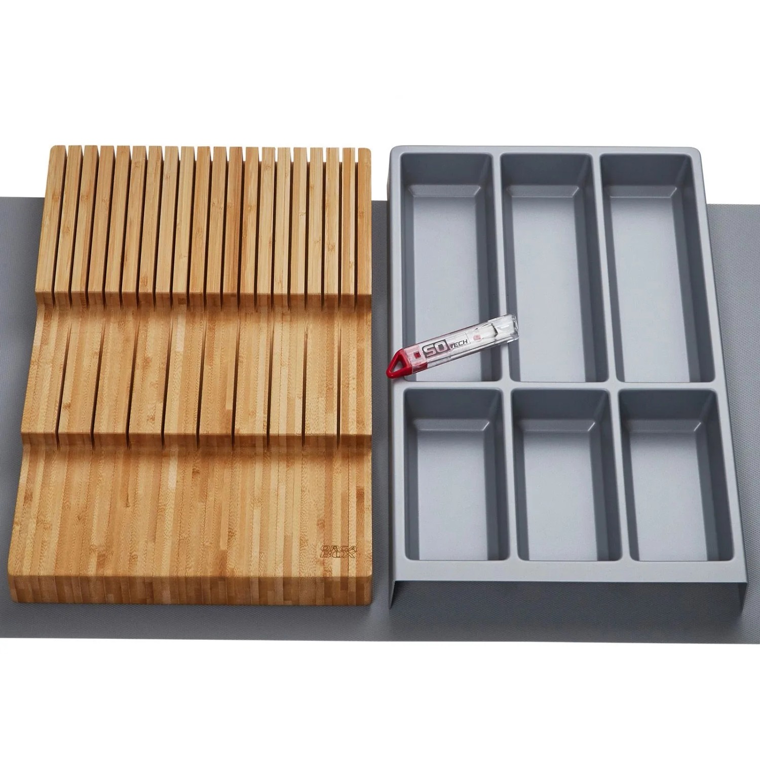 SOTECH ORGA-BOX Vario SET 8 Silbergrau für 90er Schublade Besteckeinsatz Messerhalter Antirutschmatte Orga-Weave