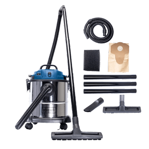 Scheppach NTS 20 Nass-Trockensauger mit Zubehör: Düsen, Saugrohre, Filter und 20 l Edelstahlbehälter.