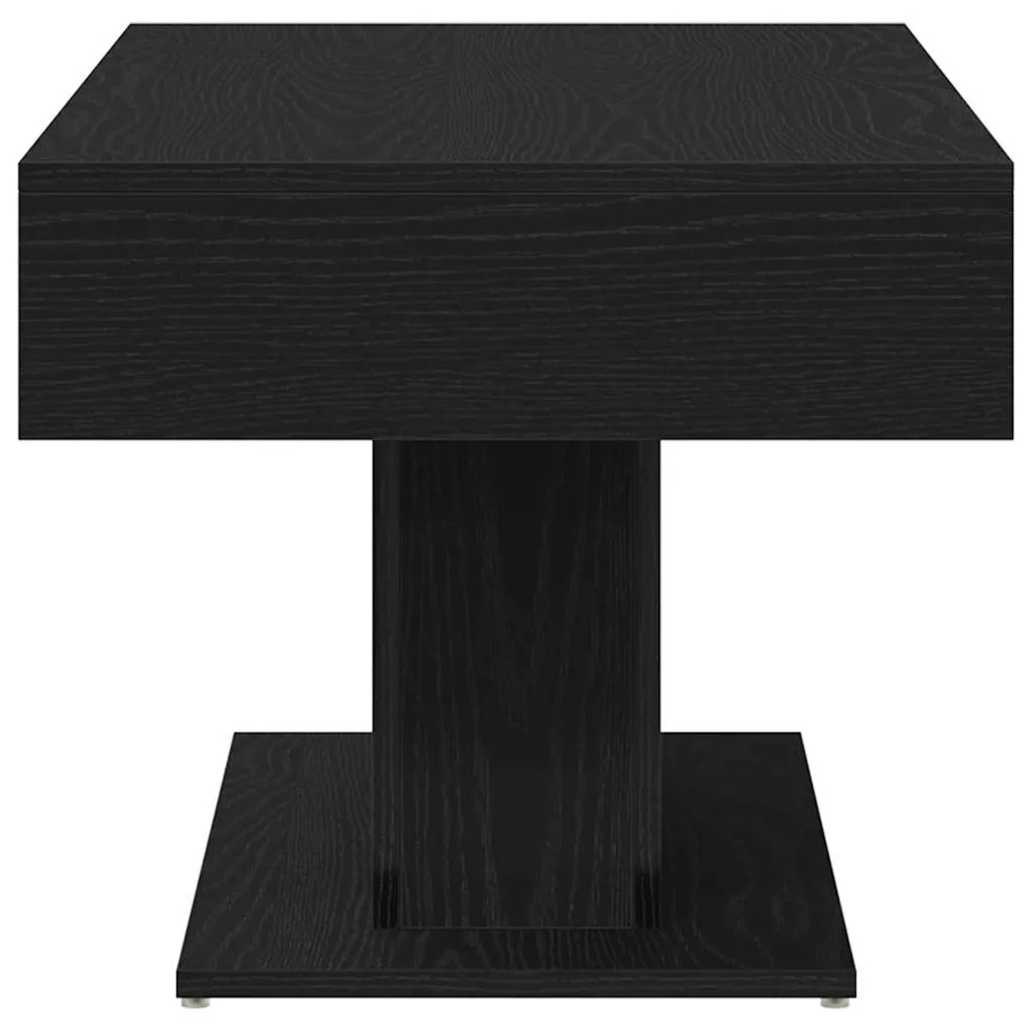 Moderner Couchtisch in schwarzer Eiche aus Holzwerkstoff. Rechteckige Platte, Säulenfuß, minimalistisches Design.