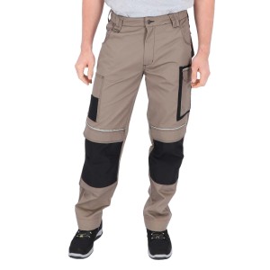 Beige Eliworx Bundhose Workwear mit schwarzen Kniepolstern, Stifttasche und Reflexstreifen für Handwerk.