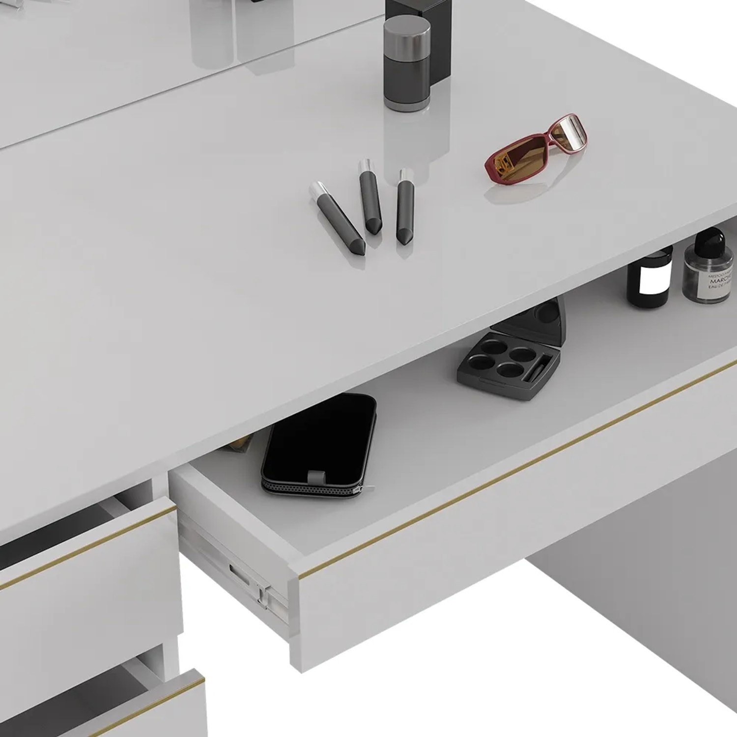 Detailansicht des weißen Vicco Schminktischs Sherry mit Goldakzenten und LED-Beleuchtung.