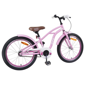 Hellrosa vidaXL Kinderfahrrad 20 Zoll für 6-11 Jahre mit Stahlrahmen, Schutzblechen und braunem Sattel.