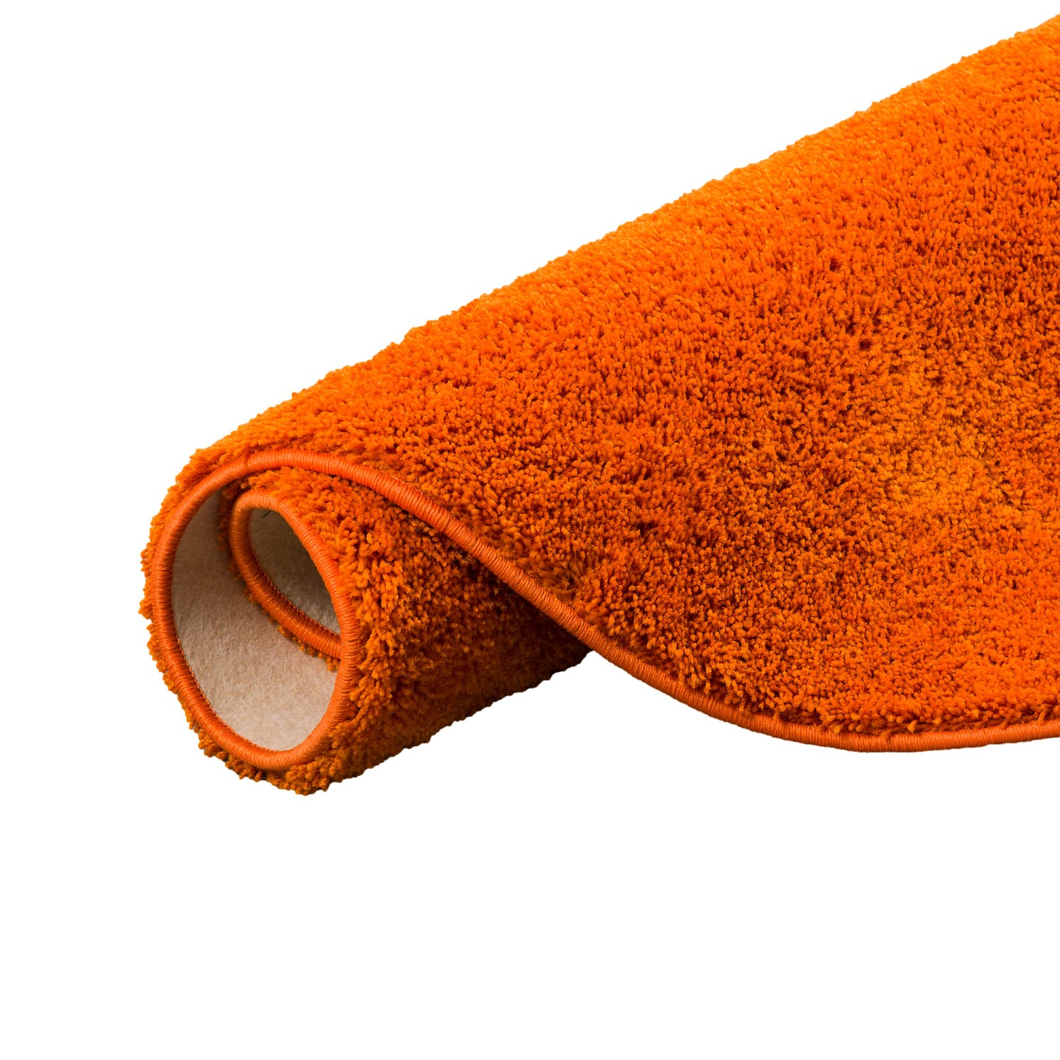 Gerollter, runder, orangefarbener Hochflor-Teppich (160x160cm) der Marke Snapstyle Palace.