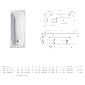 Bette Badewanne Steel, 160x70 cm, Weiß, mit Maßangaben als Schemazeichnung.
