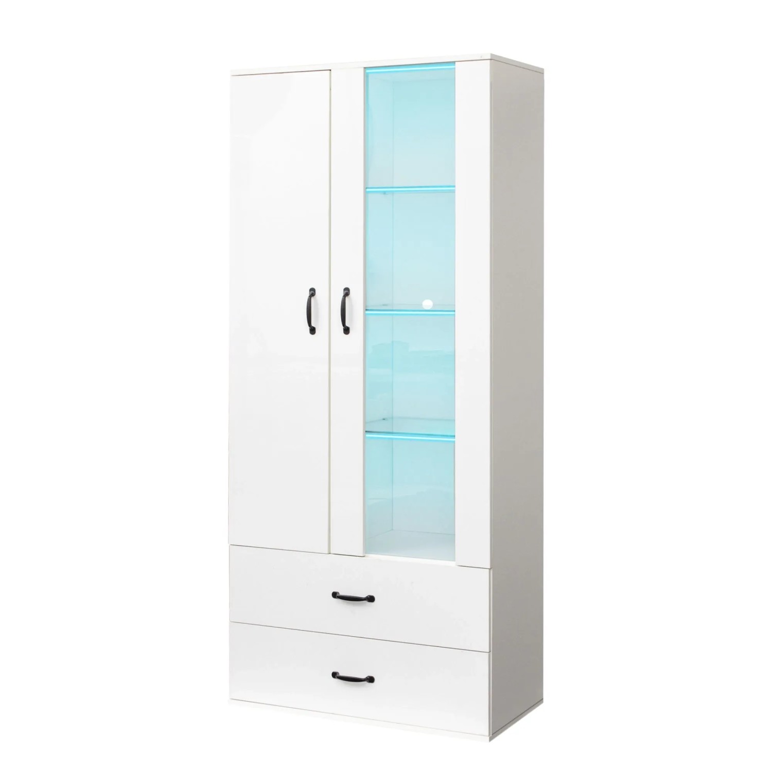 okwish Vitrine mit 2 Türen LED Beleuchtung Wohnzimmer 59.5x35x182cm Weiß