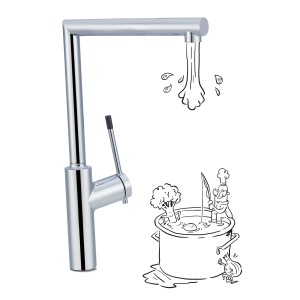 baliv Küchenarmatur KI-1940 Chrom, Einhebelmischer mit hohem Auslauf und Illustration.