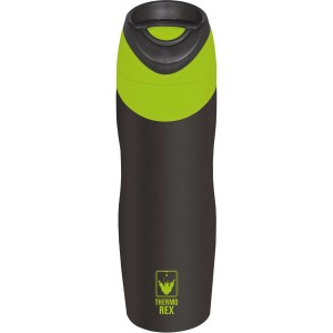 Schwarzer Thermo Rex Isolierbecher (450 ml) mit grünem Akzent und Click-Verschluss.