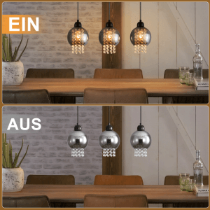 Drei NETTLIFE Hängelampen mit Rauchglas und Kristallanhängern über Esstisch, beleuchtet und unbeleuchtet.