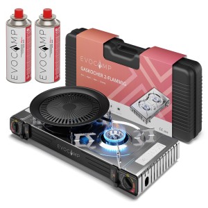 Evocamp Camping Gaskocher 2-flammig mit Grillaufsatz, Gaskartuschen und Transportkoffer.