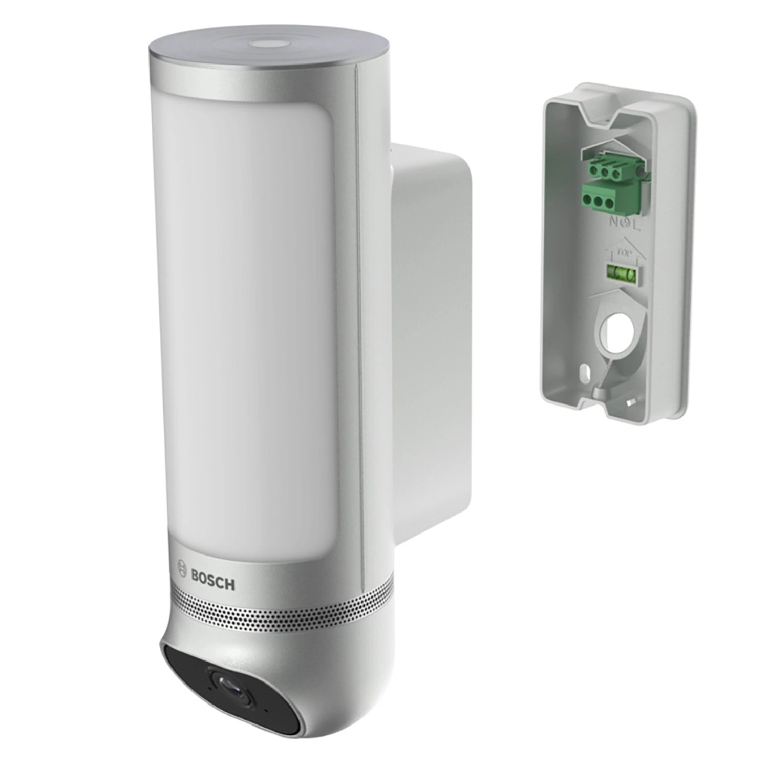 Bosch Smart Home Eyes II Außenkamera in Silber mit Montagegehäuse für die Kameraüberwachung.