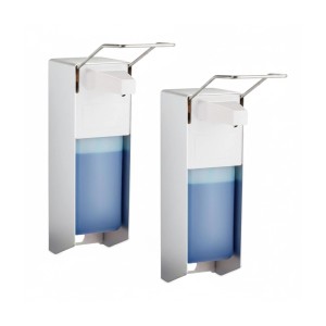 Zwei silber-weiße Desinfektionsspender mit Hebel, 1000 ml, aus Aluminium/Edelstahl zur Wandmontage. Für Seife/Desinfektion.