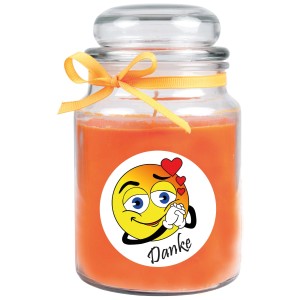 Duftkerze "Danke" im Glas mit Honigmelone-Orange Duft, verziert mit Schleife.