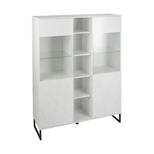 Akai Vitrinenschrank, 2-türig, weiß hochglanz mit Glasböden und 3D-Optik.