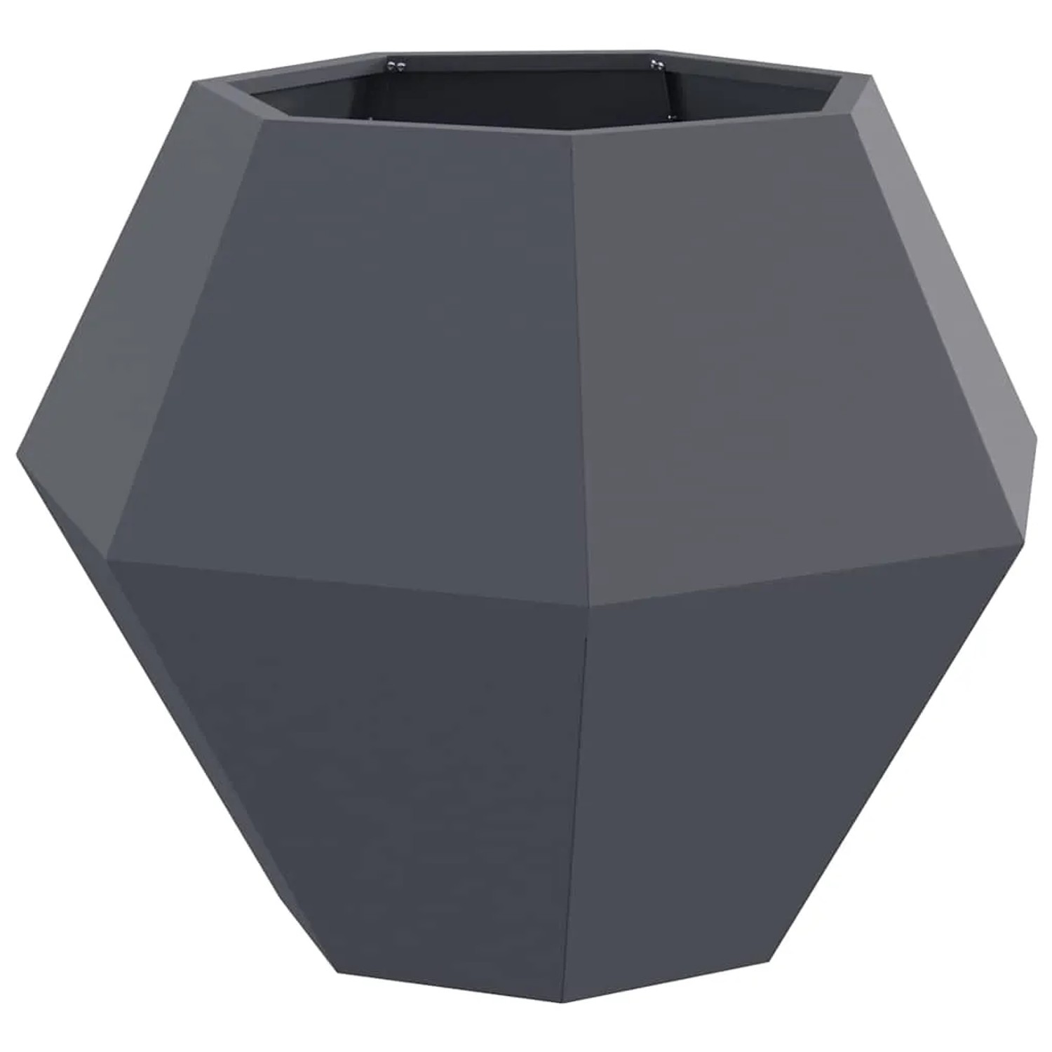 Anthrazitfarbener Pflanzkübel aus Stahl mit facettiertem Design für Garten und Terrasse.