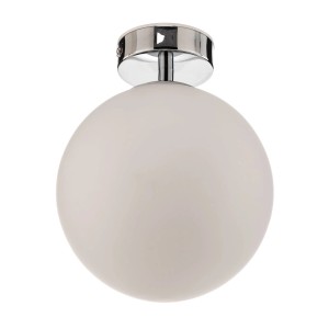 Moderne LED Bad-Deckenleuchte Maviris in Chrom mit kugelförmigem Glasschirm.