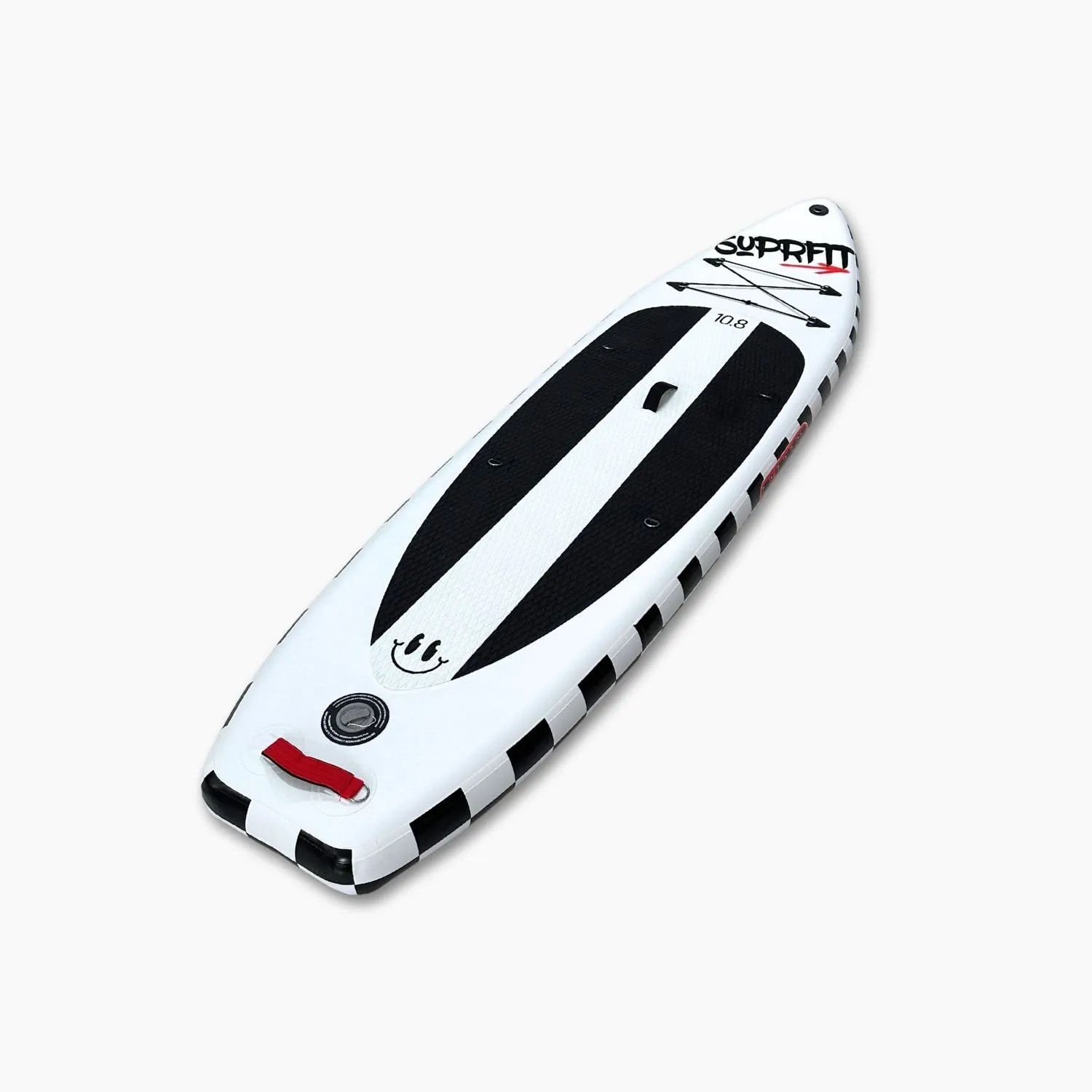 Aufblasbares Suprfit Stand-Up Paddling Board 10'8, weiß mit schwarzen Streifen und kariertem Rand. Für Wassersport.