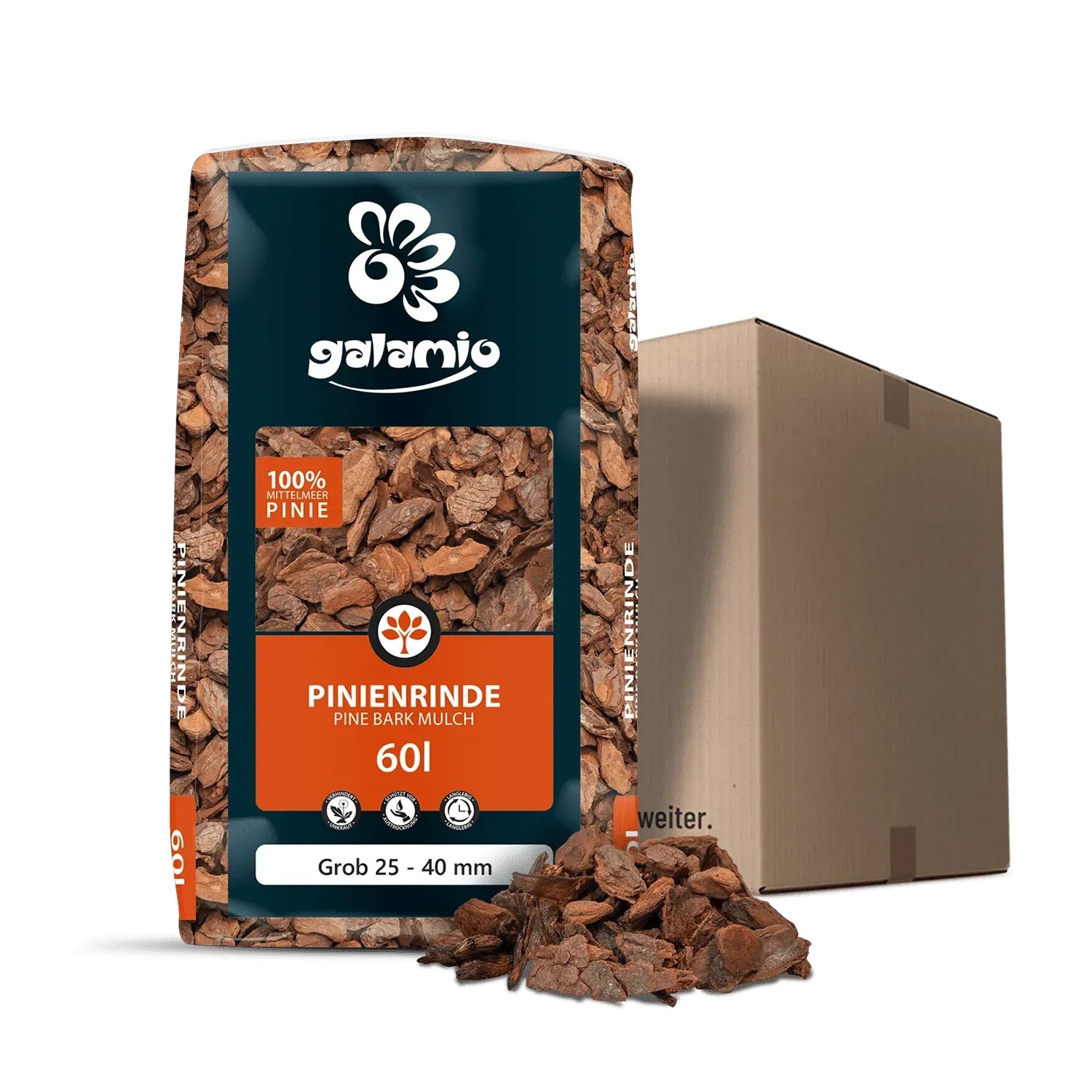 Galamio Pinienrinde Grob, 60l Sack mit grober Pinienrinde.