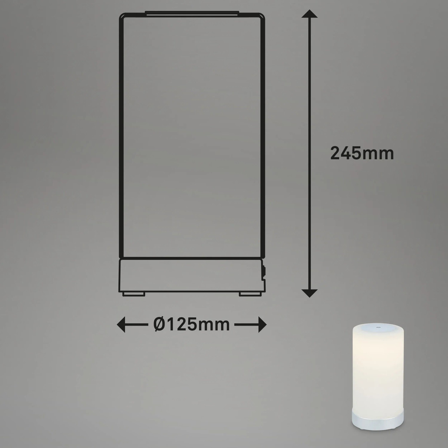 Brilo Akku-Tischleuchte Lama, chrom-matte LED-Dekoleuchte mit Maßangaben.