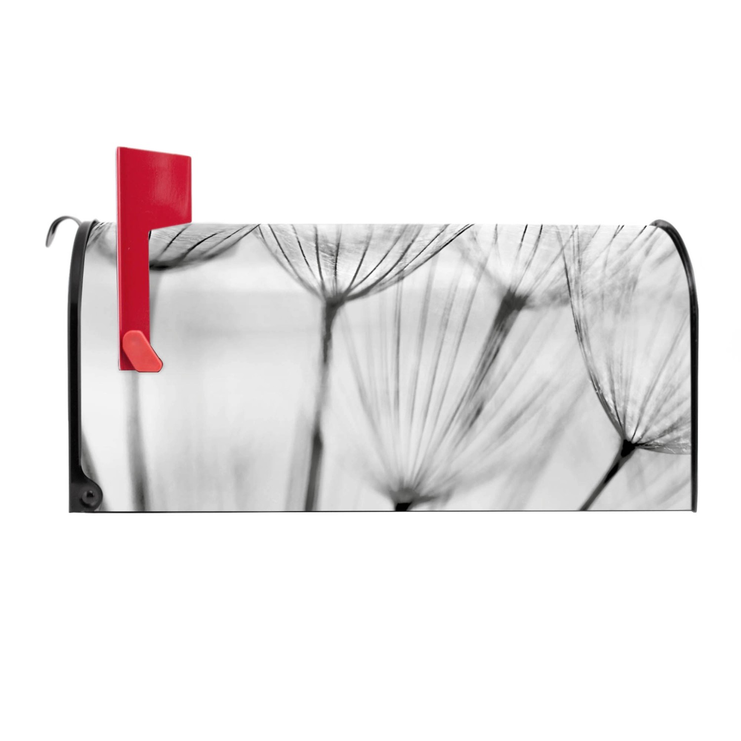 Schwarzer US Briefkasten mit Pusteblumen Motiv und roter Fahne, 48x22x16cm.