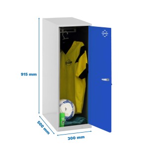 Offener, blau-grauer PROREGAL Schließfachwürfel AMEGO mit Sportbekleidung. Garderobenschrank, 91,5x30x50 cm.