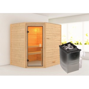 Karibu Sauna Elea Set mit Ofen, naturbelassenes Fichtenholz, Eckeinstieg mit Glastür.
