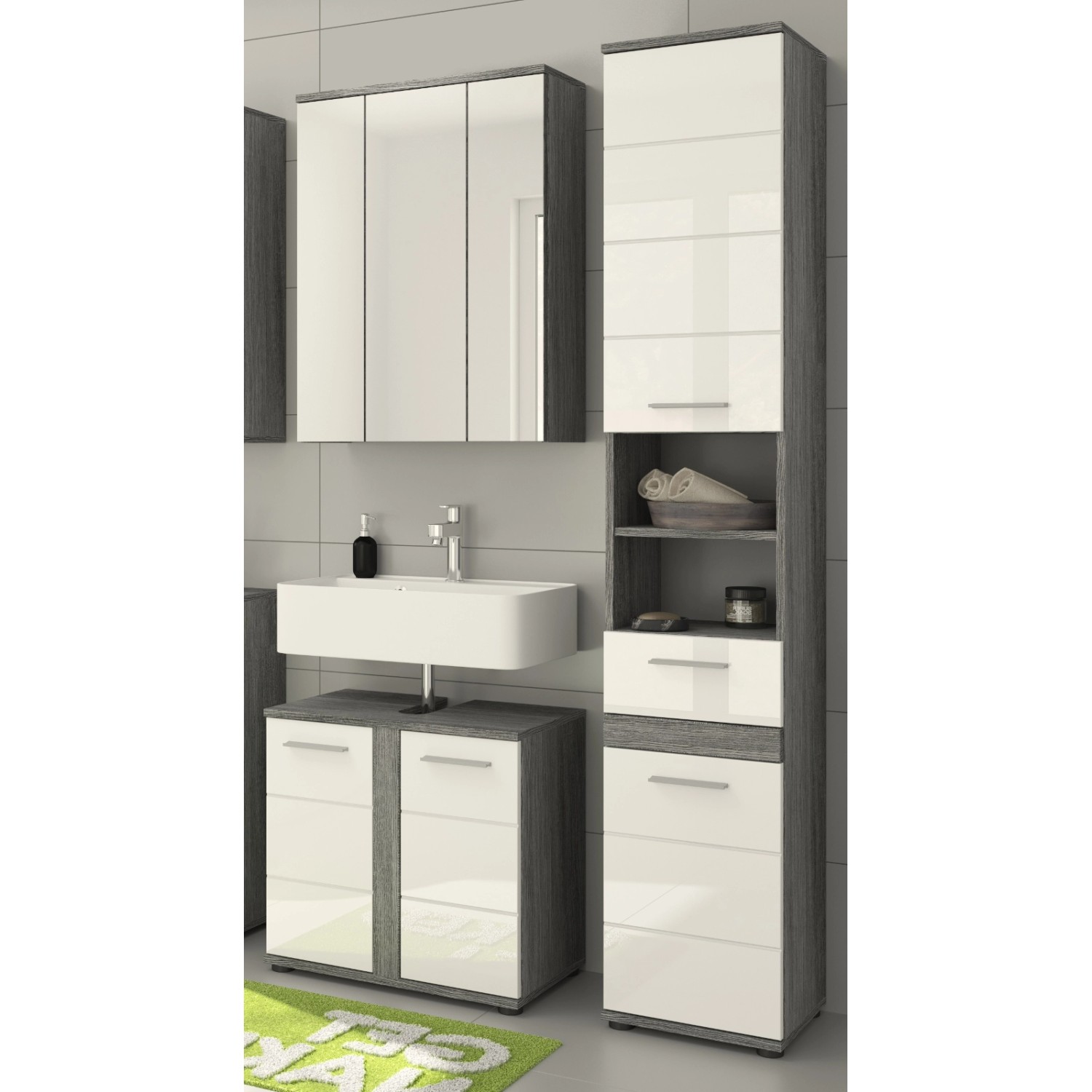 Inn.Furn Badmöbel-Set Weiß Hochglanz Grau 3-teilig 114 cm 18 Fächer Bailey günstig online kaufen